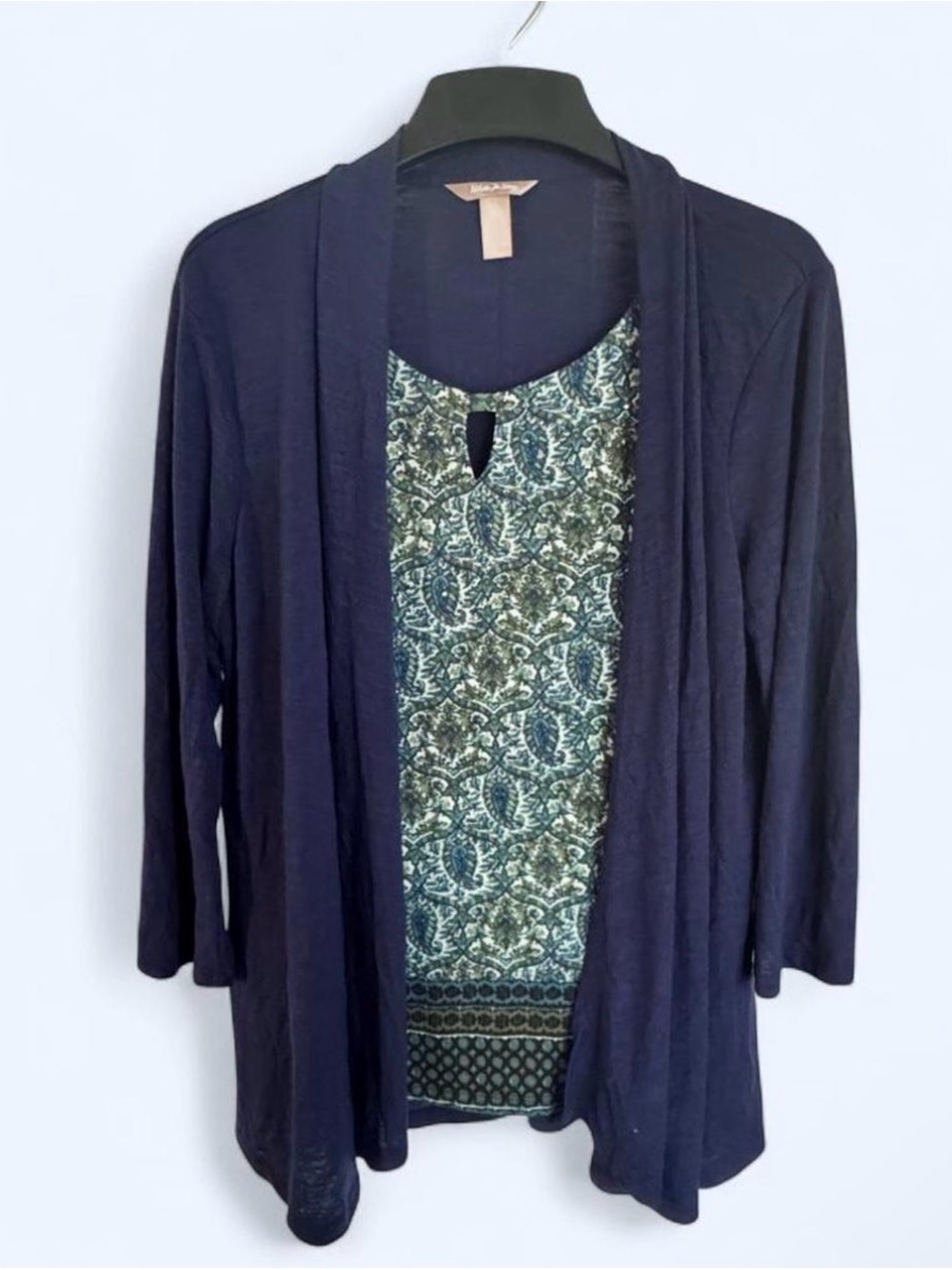 White Stag Women’s L Mock Layer Cardigan Navy Blue Paisley Print 2-in-1 Top NWOT - Picture 2 of 11